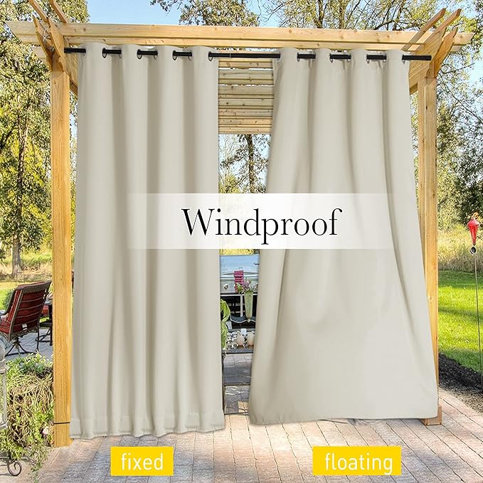 NICETOWN 2 Panels Outdoor Curtains for Patio Waterproof & Windproof, Grommet & Back Tab on Top & Bottom Weighted Drapes Keep Sun/Rain Out with Bouns Rope for Deck, Beige, W84 x L108