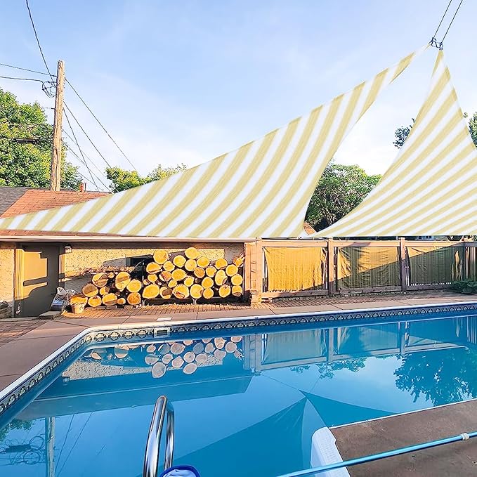 E&K Sunrise 15' x 15' x 15' Sun Shade Sail Triangle Canopy Shade Cover UV Block for Patio Backyard Garden Outdoor (Beige White Strip)
