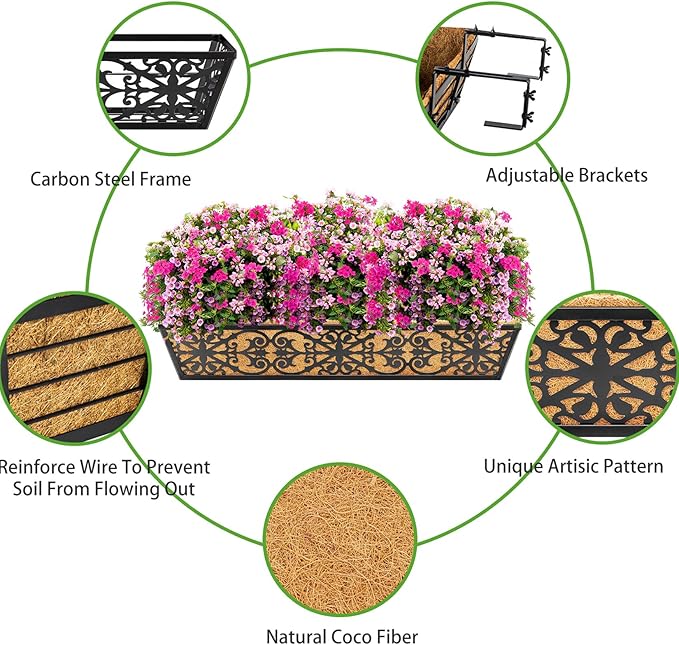 4 Pack 30 Inch Window Boxes Planters Railing Planter Box with Adjustable Brackets & Coco Liners Fabric Plant Grow Bags Deck Railing Planter Boxes Balcony Hanging Flower Box for Outdoor Plants