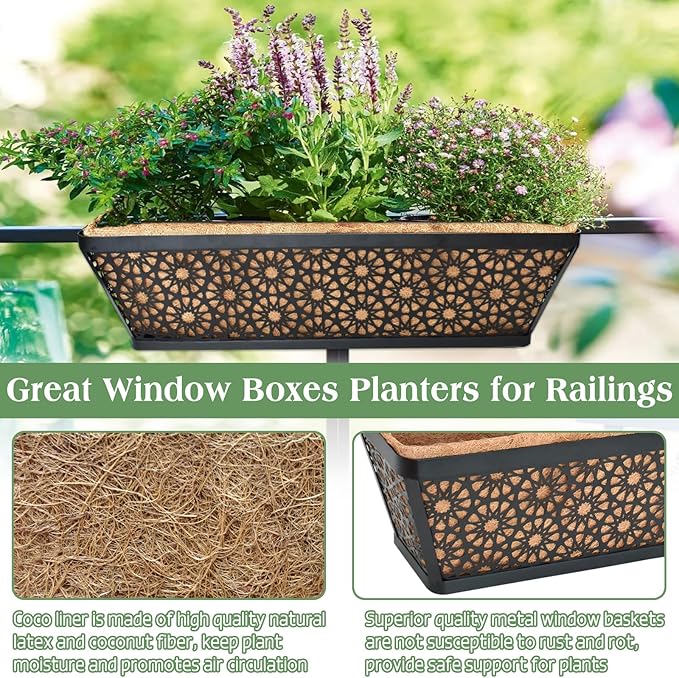 Halatool 2Pack 30 Inch Window Box with Coco Liner Sturdy Metal Railing Planter with Coconut Coir Basket Liners for Window Deck Fence Porch and Patio Outdoor Indoor Lawn