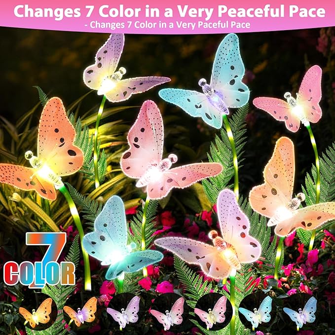 Solar Lights Outdoor Decorations Waterproof Newest Solar Garden Lights with Glowing Stems, 7-Color Changing Butterfly Flower Light for Outside Yard Pathway Garden Decor, Gift for Mother,2Pack
