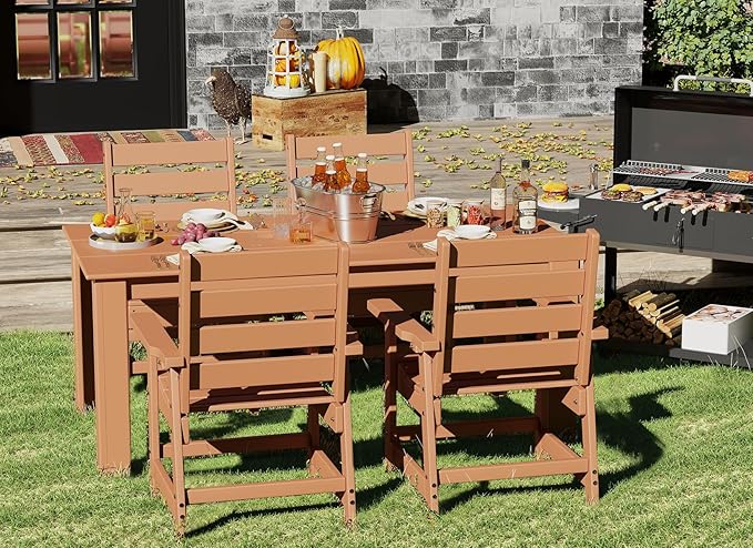 GREENVINES 5-Piece Outdoor Dining Set | HDPE | Patio Table and Chairs Sets for 4 | Patio Furniture | All Weather | Umbrella Hole | Teak | for Backyard Poolside Garden