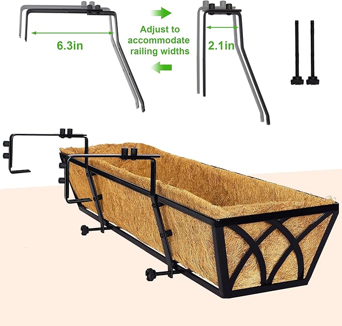 24 Inch Window Deck with Coco Liner, 24" Window Boxes Horse Trough with Coconut Coir Liner, Fence Metal Hanging Flower Planter Window Basket Deck Railing Planter Boxes for Outdoor Garden Lawn, 4pcs