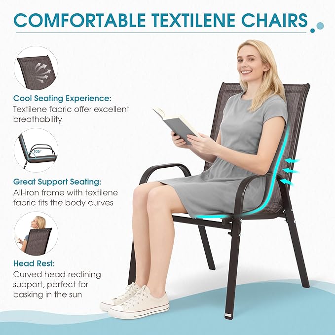 Outdoor Stackable Chairs Set of 4, Stacking Patio Chairs with Textilene Fabric, Outside Furniture for Garden Backyard Balconie Poolside Deck, Brown