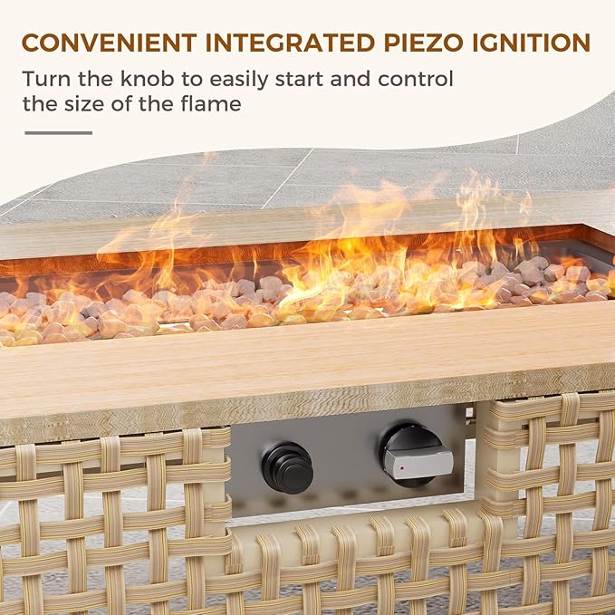 Grand patio 15-Piece Patio Furniture Set with 47" Fire Pit Table, Outdoor Conversation Set & 50,000 BTU 47 Inch Rectangle Propane Fire Pit & Storage Box with Water Resistant Thick Cushions, Cream