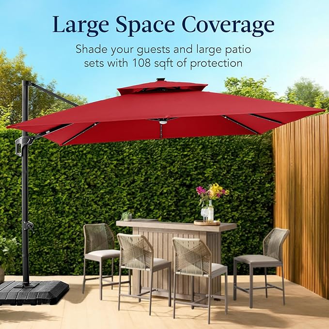 Best Choice Products 9x12ft LED Cantilever Patio Umbrella w/Base Included & 360° Rotation, Large Solar Offset Hanging Outdoor Sun Shade for Deck, Backyard Table w/Stand & Lights – Red
