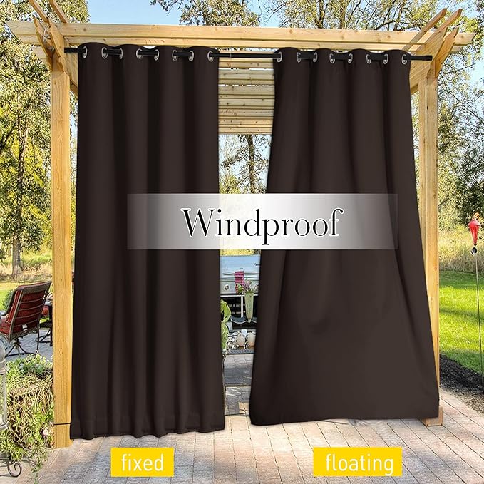 NICETOWN 2 Panels Weighted Blackout Curtains with Grommet & Back Tab on top and Bottom for Patio Waterproof, Windproof Privacy Outdoor Dividers for Cabana with Fixed Rope, W52 x L84, Coffee