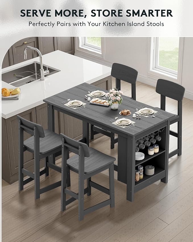 SERWALL Outdoor Bar Table and Chairs Set, 5-Piece HDPE Counter Height Patio Dining Sets with Storage and Wine Rack, Rectangular High Top Bar Table with 4 Bar Stools for Garden, Backyard, Gray