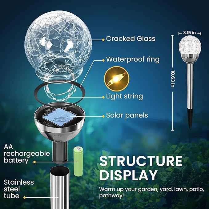 SOLPEX Solar Garden Lights String, 6 Pack Outdoor Christmas Decoration Warm White Solar Powered Cracked Glass Ball Lights, Waterproof for Patio Decoration