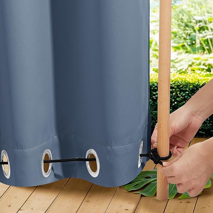 NICETOWN 2 Panels Outdoor Curtains for Patio Extra Wide 84", Waterproof & Windproof Grommet & Back Tab Fixed Top and Bottom Sun Blocking Privacy Drapes with Rope for Gazebo, Stone Blue, W84 x L108