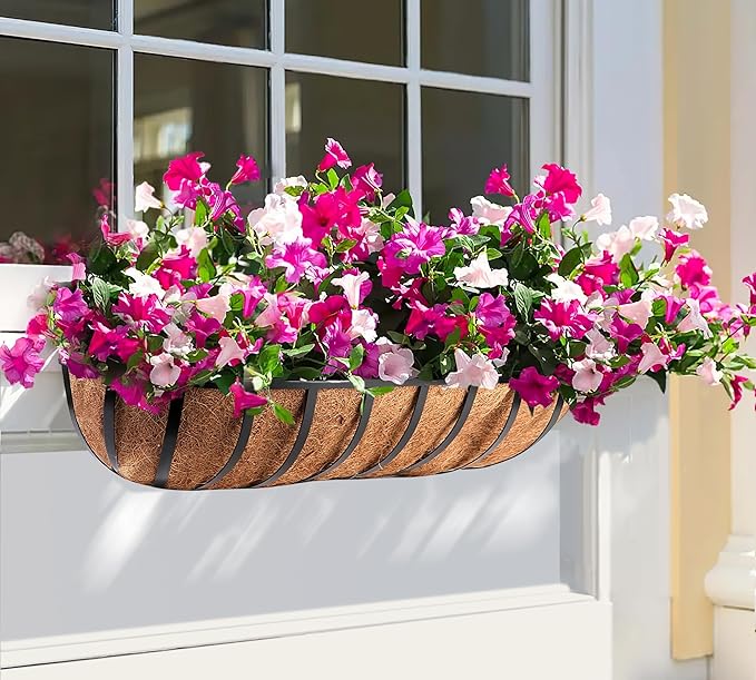 30 Inch Window Deck with Coco Liner, 30" Window Boxes Horse Trough with Coconut Coir Liner, Fence Metal Hanging Flower Planter Window Basket Deck Railing Planter Boxes for Outdoor Garden Lawn, 4pcs