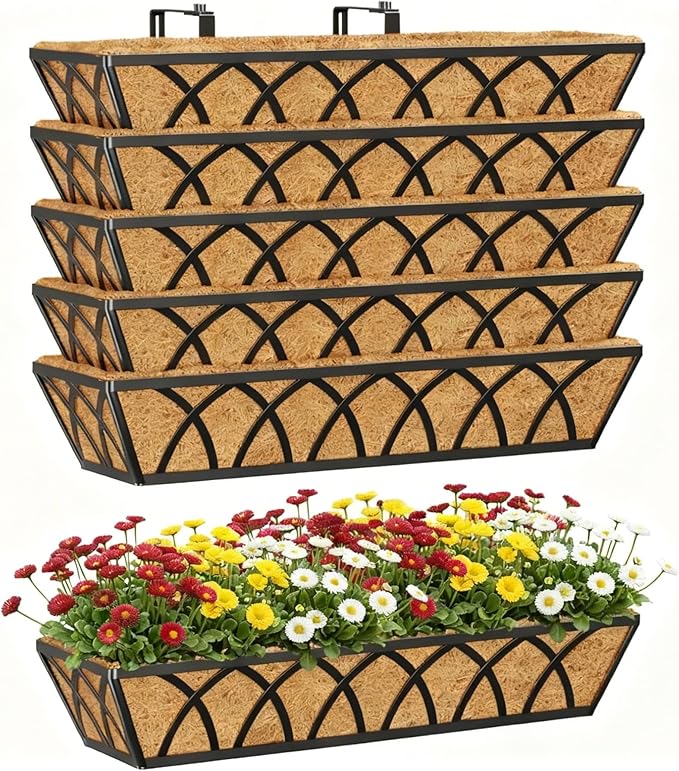 Y&M 24 Inch Window Deck with Coco Liner, Fence Metal Hanging Flower Planter Window Basket Deck Railing Planter Boxes for Outdoor Garden Lawn,6pcs
