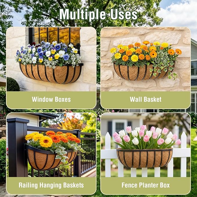 2 Pcs 36 Inch Trough Coco Liner for Window Box, 100% Natural Half Moon Coconut Coir Planter, Replaceable Coconut Fiber Liner for Window Boxes & Fence Flower Baskets (2, 36 inch)