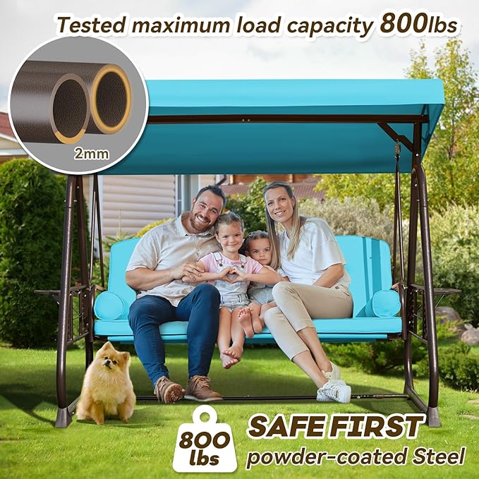 3 in 1 Outdoor Porch Swing with Adjustable Canopy, 3 Seat Outdoor Swing for Adults, Patio Swing Chair with Thickened Cushions,Pillows & Cup Holders for Backyard, Porch, Garden (Lake Blue)