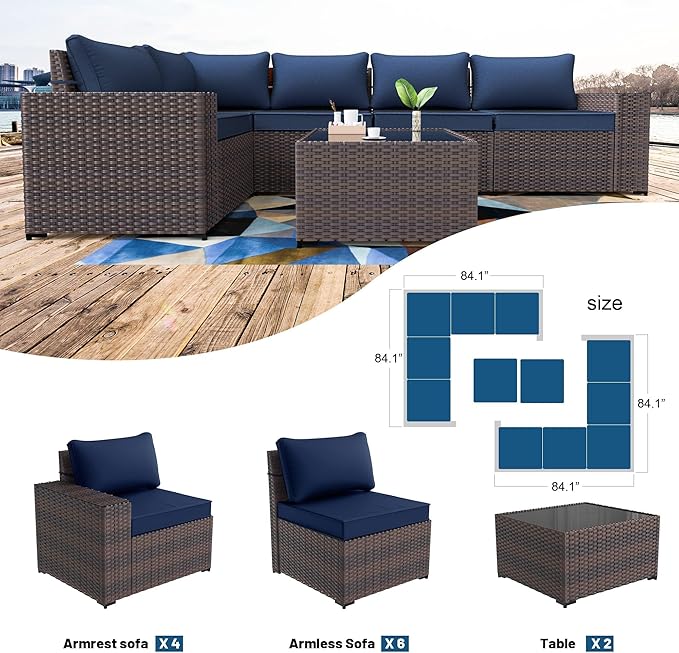 Kullavik 13PCS Outdoor Patio Furniture Set with 43" 55000BTU Gas Propane Fire Pit Table PE Wicker Rattan Sectional Sofa Patio Conversation Sets,Navy Blue