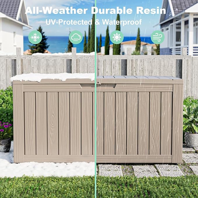 EasyUp 80 Gallon Resin Deck Box Storage Outdoor Waterproof Boxes Lockable UV Resistant Container for Patio Furniture Cushions Pool Supplies Garden Tool, Equipment Outside Storage Delivery, Gray