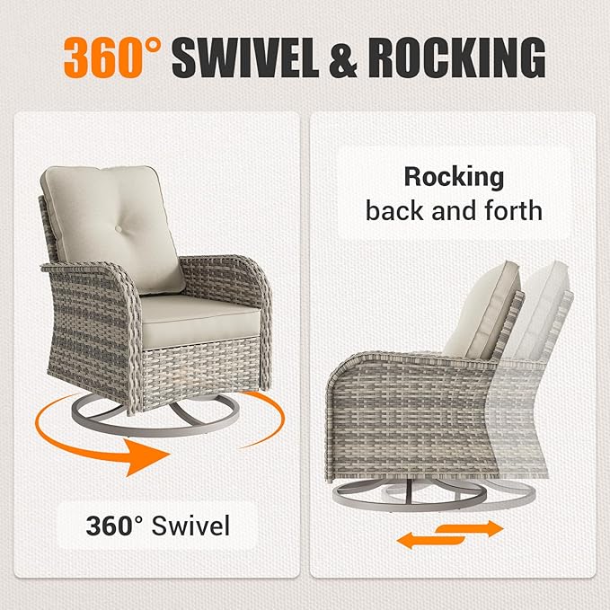 15-Piece Outdoor Patio Furniture Set with Rocking Swivel Chair Wicker Sectional Sofa Set, Patio Conversation Set with Thickened Cushions & Coffee Table for Garden, Backyard, White