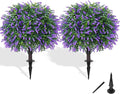 Artificial Boxwood Topiary Ball with Lavender, Set of 2 Artificial Shrub Bushes with Ground Spike, UV Resistant Fake Evergreen Plant Tree for Porch Outdoor Planters Indoor Valentine's Day