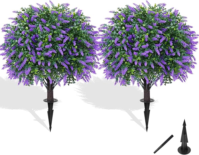 Artificial Boxwood Topiary Ball with Lavender, Set of 2 Artificial Shrub Bushes with Ground Spike, UV Resistant Fake Evergreen Plant Tree for Porch Outdoor Planters Indoor Valentine's Day