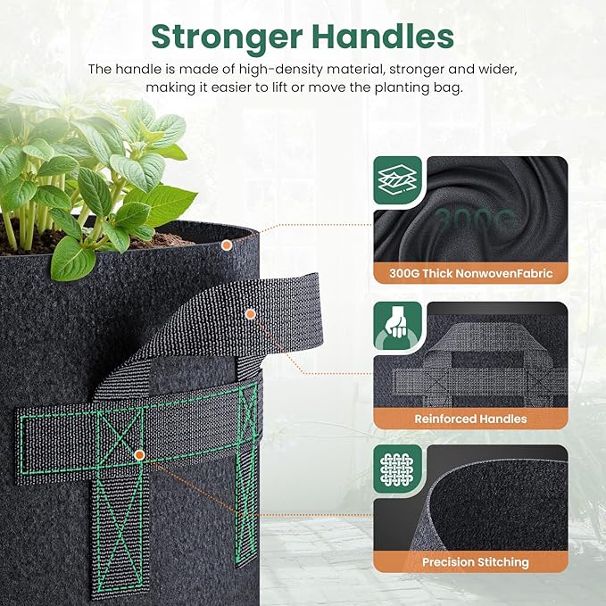 5 Pack 15 Gallon Grow Bags, Thickened Nonwoven Fabric Planter Pots with Handles, Heavy Duty 300G Garden Pots for Tomato, Potato and Vegetable