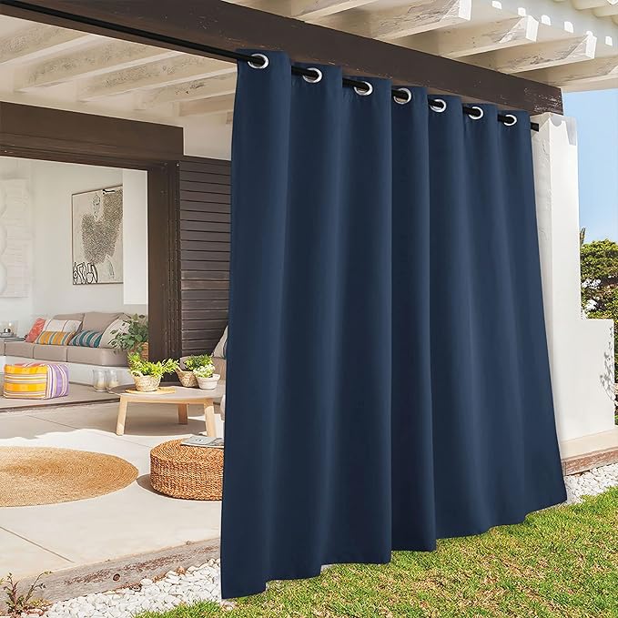 RYB HOME Extra Wide Outdoor Curtains for Patio Waterproof Heavy Duty Thermal Insulated in Summer Full Coverage Privacy for Porch, Cabana & Pergola, W100 x L95, Navy Blue, 1 Panel