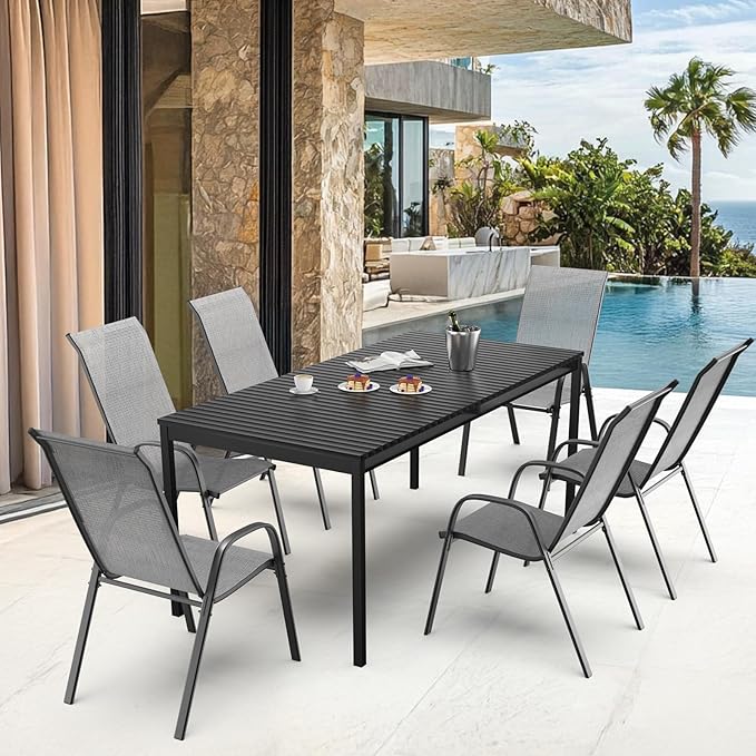 VINGLI Set of 2 Stackable Outdoor Bar Stools – Sling Chairs with High Back & Armrests, for Lawn, Garden, Bar, Grey