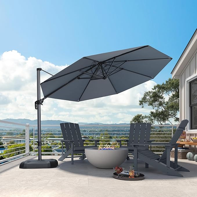 PURPLE LEAF 11 Feet Patio Umbrella Outdoor Cantilever Round Umbrella Aluminum Offset Umbrella with 360-degree Rotation for Garden Deck Pool Patio Light Grey