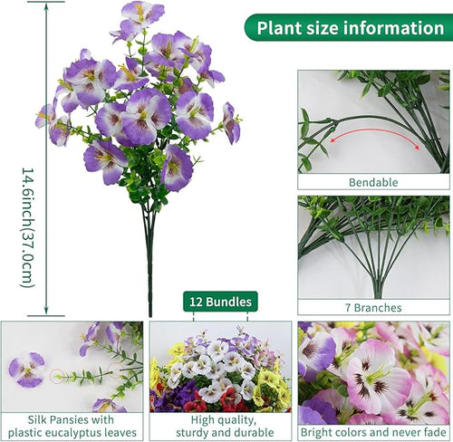 12 Bundles Artificial Pansy Flowers for Outdoor, Faux Silk Pansies Spring Flowers for Outside for Planter Front Door Porch Patio Yard Window Box Home Decor (Purple, Yellow, White,Red)