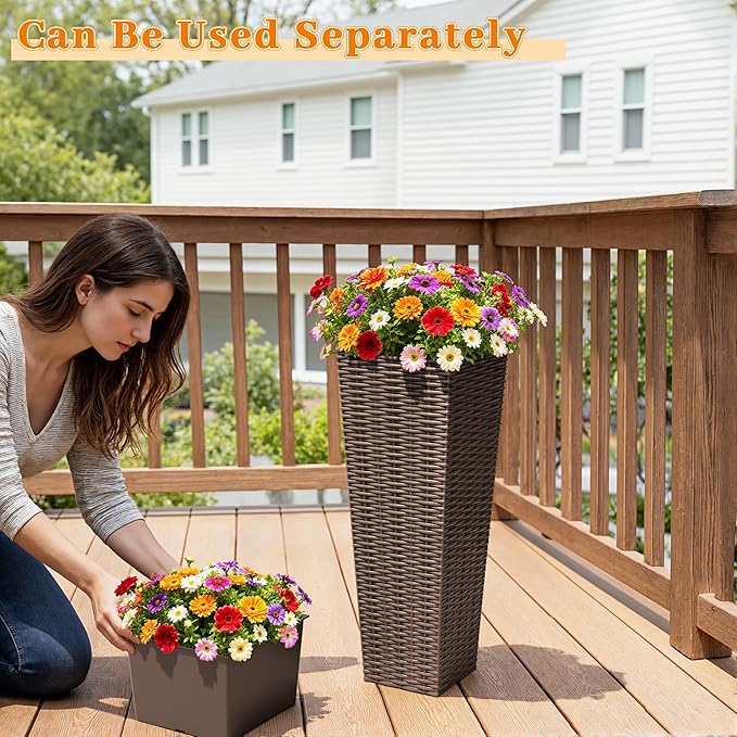 Greesum 24 Inch Tall Plastic Planters with Rattan Texture – Set of 2, Detachable Inner Pot & Drainage Holes, Indoor/Outdoor Decorative Flower Pots for Large Plants, Trees, Patio, and Garden, Brown