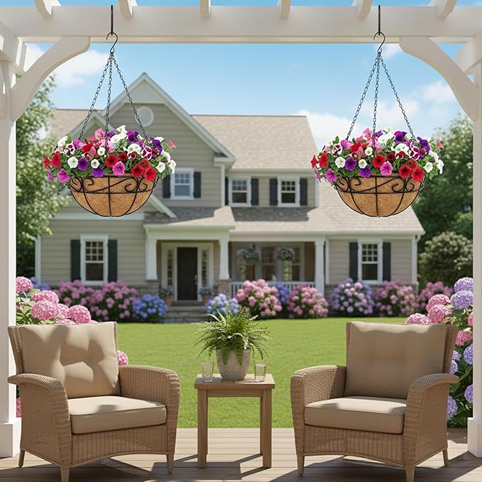 Outdoor Metal Hanging Planters Basket (2pack, 12 inch) Hanging Baskets for Plants Chain Round Wire Plant Holder with Coco Fiber Liners for Garden, Patio, Deck, Porch(Flower Border)