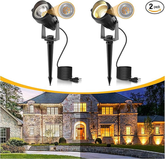 L LOHAS LED 5W Dusk to Dawn Outdoor Lighting, Auto On/Off 3000K Landscape Outdoor Spotlight, IP66 Waterproof Plug in Spot Lights for Yard, Garden, House, Pathway, Plant, UL Listed (2 Pack)