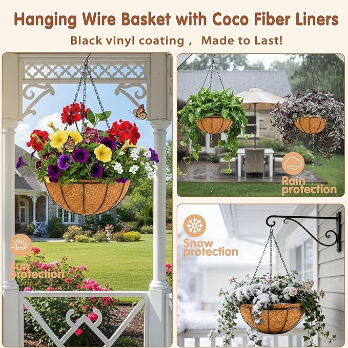 12 inch Metal Hanging Baskets For Plants Outdoor 4 Pack Round Metal Wire Hanging Basket Planter with Coco Fiber Liners Chain Round Wire Plant Holder for Garden, Patio, Deck, Porch Plants Flower Potss