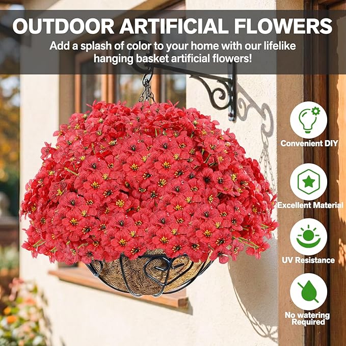 22 Pack Artificial Flowers Outdoor Fake Plants, Faux Flowers UV Resistant with Plastic Plants, Faux Silk Flowers for Outdoors Outside Front Porch Hanging Planter Window Box Garden Decoration(Red)