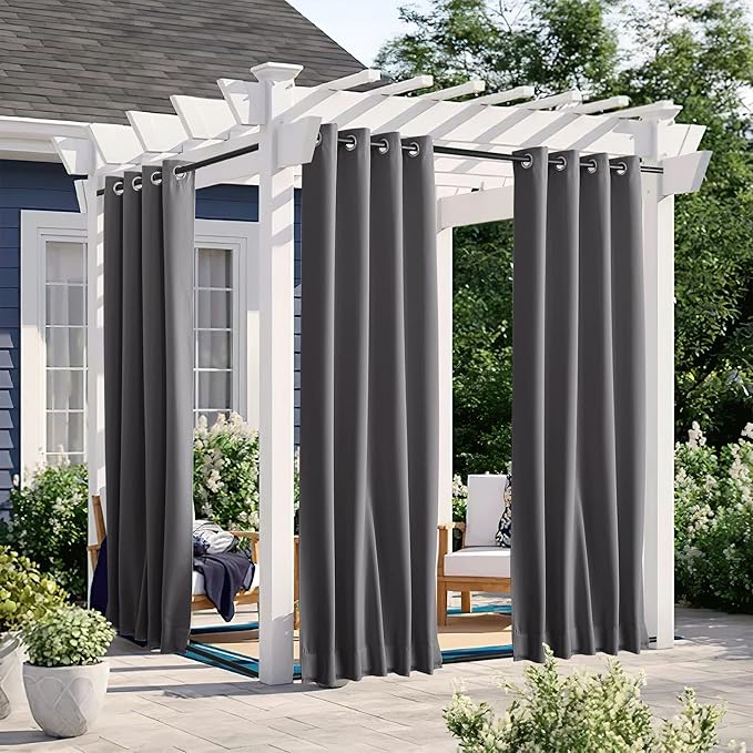 NICETOWN 2 Panels Blackout Outdoor Curtains for Patio Waterproof, Grommet & Back Tab on Top & Bottom Weighted Privacy Light & Sound Reducing for Porch with Bonus Rope for Fixed, Grey, W46 x L63