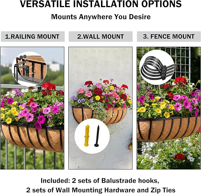 30“ Window Box Railing Planter with Coco Liner Metal Wall-Mounted Coconut Liner Planter Basket English Horse Trough Planters for Outdoor Deck Balcony Porch Fence Patio Black (2 Pack)