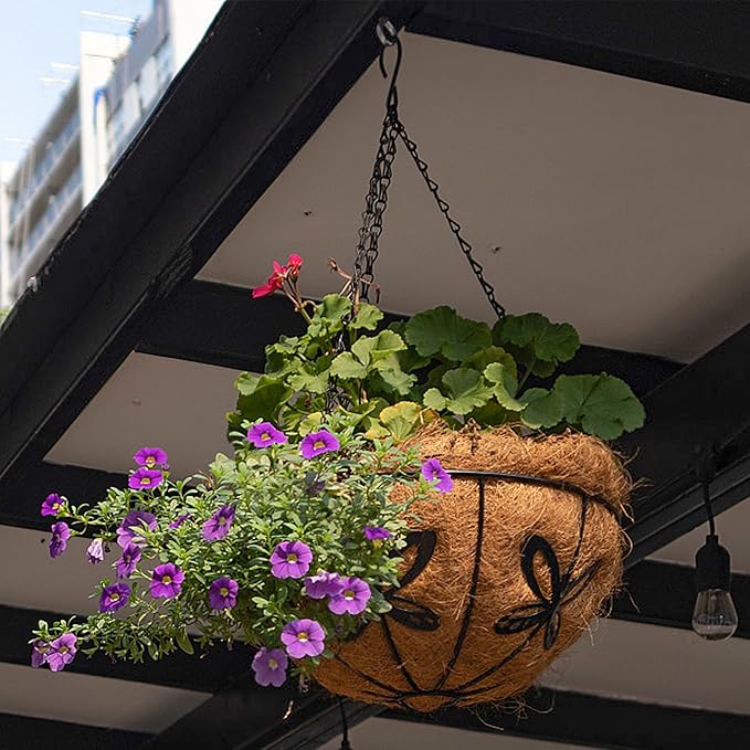Hanging Baskets Planter for Plants, 2 Pack 8 Inch Round Metal Wire Hanging Flower Pots with Coco Coir Liner Chain, Plant Holder for Home Garden Balcony Decor