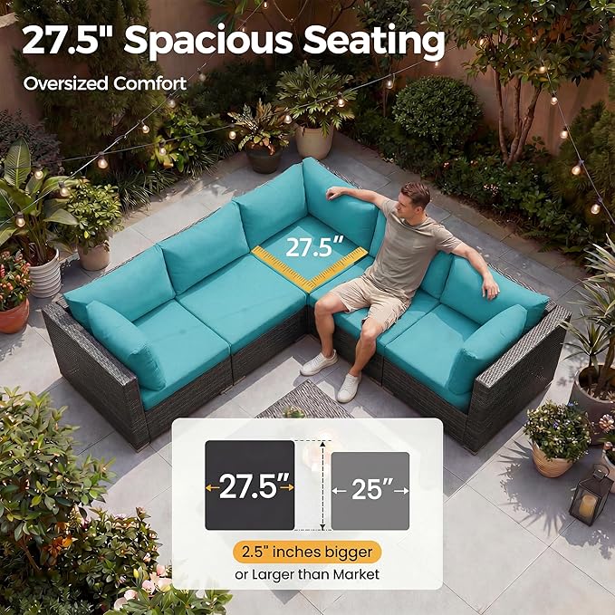 NICESOUL 6 Piece L Shaped Patio Furniture Set with Fire Pit Natural Gas/Propane, 29.3'' High Back Comfy Outdoor Conversations for Outside, Big Size Deep Wide Couches, 2 Color Cushion Turquoise & Grey