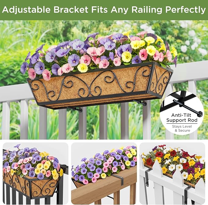 6pcs 24 Inch Window Deck with Coco Liner, 24" Window Boxes Horse Trough with Coconut Coir Liner, Metal Hanging Flower Planter Window Basket Deck Railing Planter Boxes for Outdoor Indoor Lawn