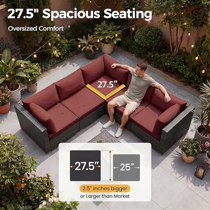 NICESOUL 9 Piece Large Patio Furniture Set with Fire Pit Table Propane/Natural Gas, 29.3'' High Back Wicker Outdoor Sectional Sofas, Wide Conversations for Heavy Weight, 2 Color Cushions Wine & Gray