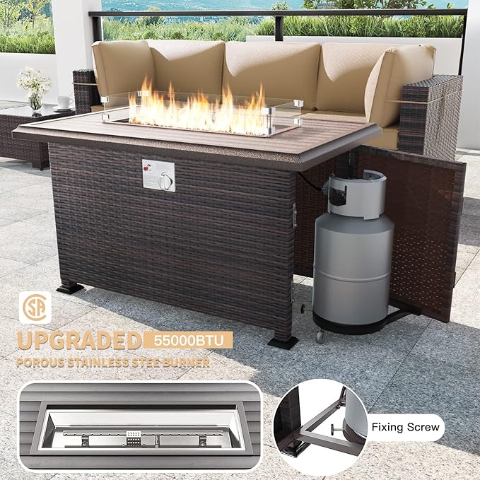 Kullavik 15 Pieces Outdoor Patio Furniture Set with 43" 55000BTU Gas Propane Fire Pit Table PE Wicker Rattan Sectional Sofa Patio Conversation Sets,Sand