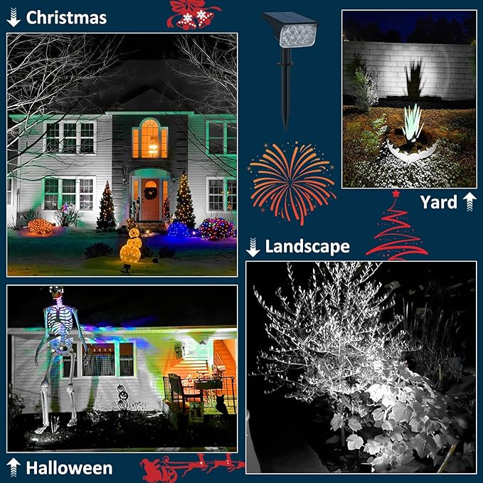 T-SUNUS Christmas Solar Spotlights White 6000K IP65 Waterproof 2-in-1 Outdoor Landscape Spot Lights Garden Light for Flag Tree Yard Driveway Porch Walkway Patio Statue Graveyard Halloween 4 Pack