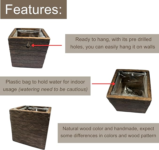 LaLaGreen Wood Planter Boxes for Plants (4x4 Inch, 8 Pack) Small Square Wall Mounted Planters for Indoor Plant, Herb Wooden Box Hanging Flower Pot Plant Holder Outdoor Fence Vertical Garden Home Decor