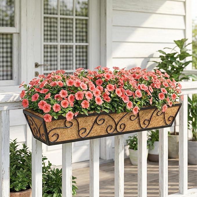 Y&M 30 Inch Butterfly Window Deck with Coco Liner, Fence Metal Hanging Flower Planter Window Basket Deck Railing Planter Boxes for Outdoor Garden Lawn 6pcs