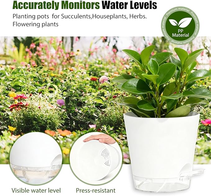 Plant Pots 8 Inch Self Watering Pots, 2 Pack Plastic Planters with Drainage Holes and Clear Saucers,Plastic Flower Pots for Indoor Out Door Plants(White)