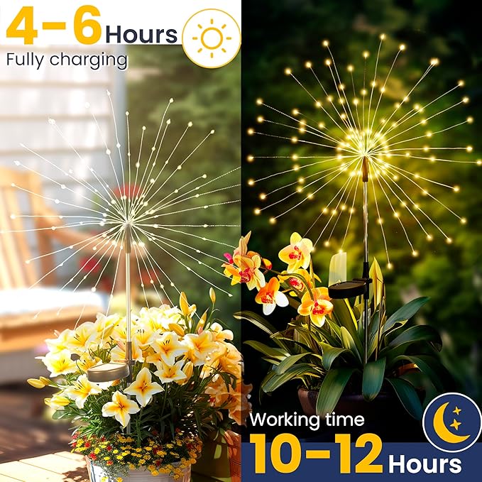 GIGALUMI Garden Decor Outdoor Lights 120LED 6Pack, Solar Garden Lights for Christmas Outside Fairy Firework Decorative,Solar Powered for Yard Pathway Flowerbed Planter Balcony Patio Decor (Warm White
