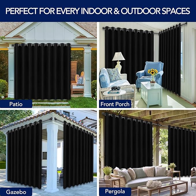 PureFit Outdoor Curtains for Patio Waterproof Weatherproof, UV Resistant Outside Curtains for Gazebo, Front Porch, Pergola, Sun Blocking Privacy Curtain, 150W x 95L inch, 1 Panel, Black