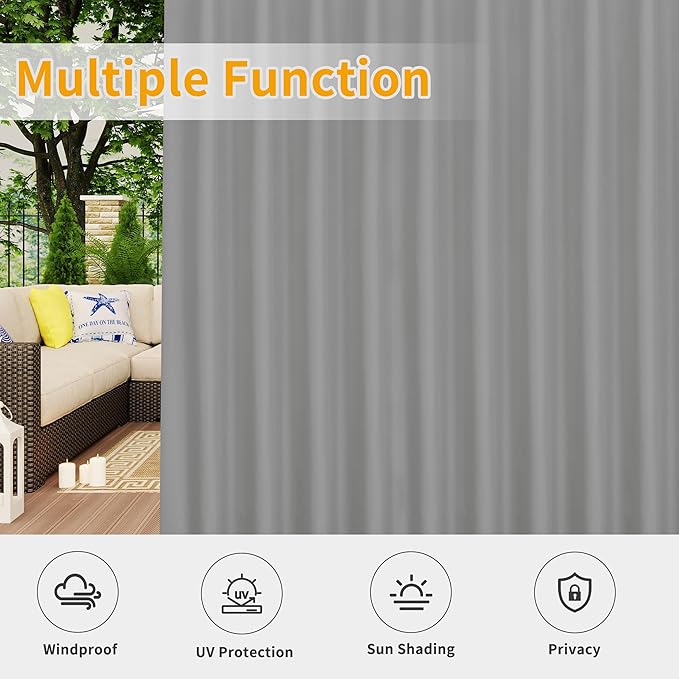Easy-Going Outdoor Patio Curtains Detachable Tab Top Windproof Weatherproof Curtain for Cabana, Porch, Pergola and Gazebo, Tab Bottom Drape, 2 Panels, 54W x 84L inch, Light Grey