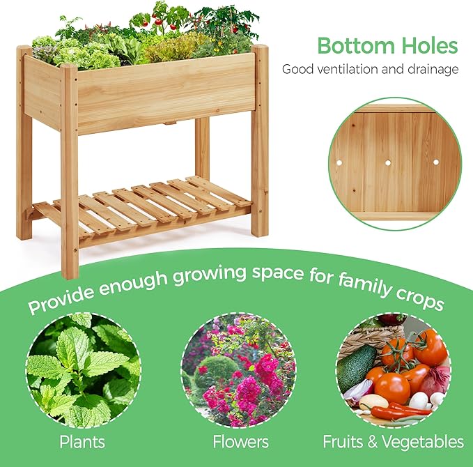 Yaheetech 34x18x30in Horticulture Raised Garden Bed 2pcs Planter Box with Legs & Storage Shelf Wooden Elevated Vegetable Growing Bed for Flowers, Backyard, Patio, Balcony, Light Brown