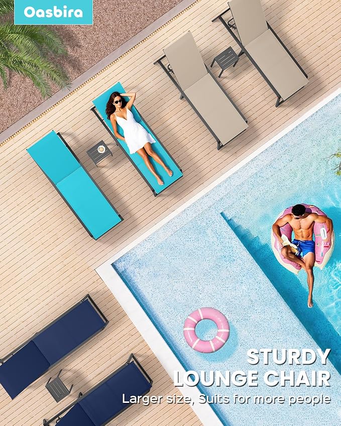 Aluminum Chaise Lounge Chair Outdoor Set of 2, Foldable & No Assembly Pool Lounge Chairs 5-Position Recliner for Outside Poolside, Fully Grounded Legs Sun Lounger for Patio, Beach, Dark Grey