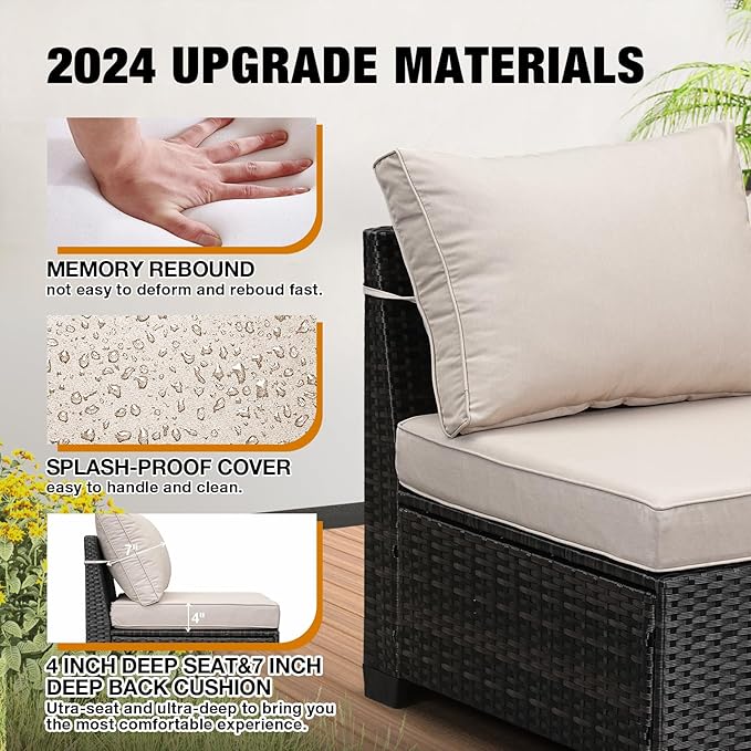 9 Pieces Patio Furniture Set All-Weather Outdoor Wicker Sectional Conversation Sofa Rattan Patio Seating Sofa with Cushion and Glass Table and Ottoman for Porch Poolside,Beige